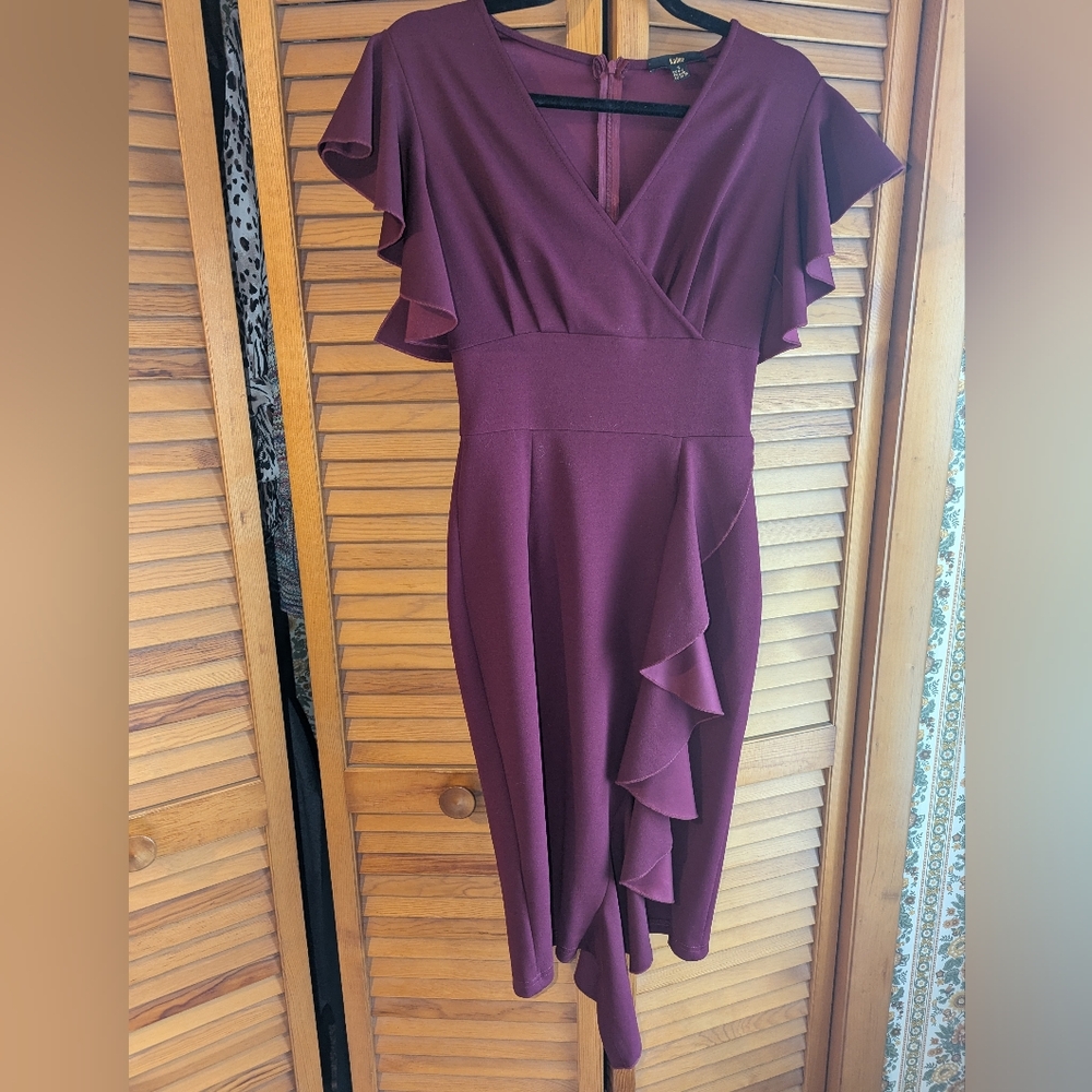 Elegant Purple Flutter Sleeve Pleated Wrap Ruffle Dress